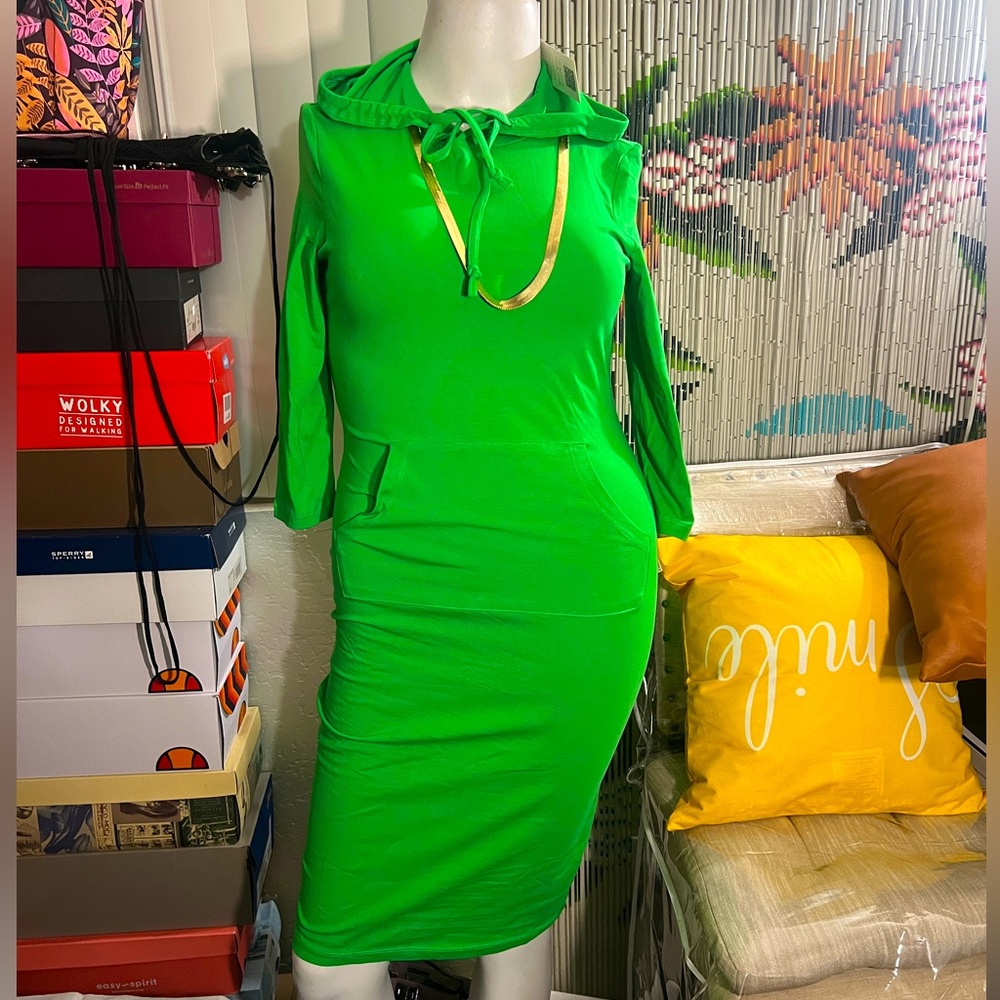 Women's Hoodie Dress  spring Solid Hooded Pullover Dress with Pocket Casual